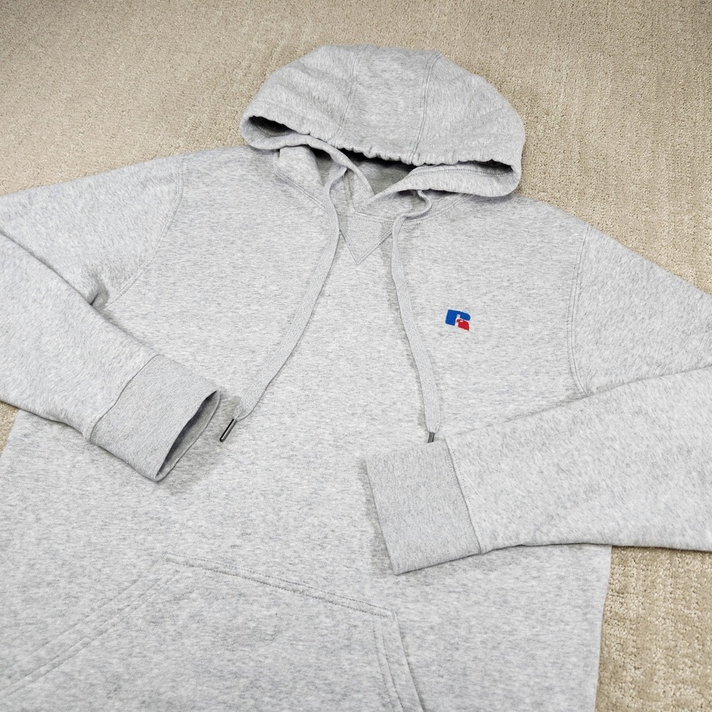 Vintage Russell Athletic Hoodie Men Medium Gray Cotton Fleece Y2K Sweatshirt
